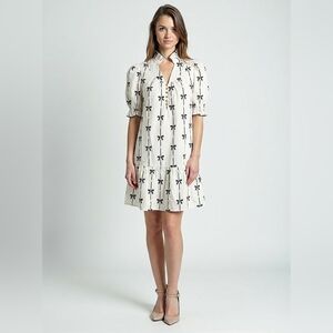 Live Fashion Way Bowknot Printed Bubble Sleeve Vneck Dress